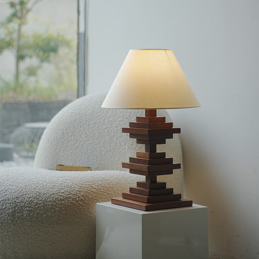 Solid Beech Wood Table Lamp American Retro Walnut Finish Full Spectrum LED 8W Beige Fabric Shade Stacked Geometric Base 22.44 Inch