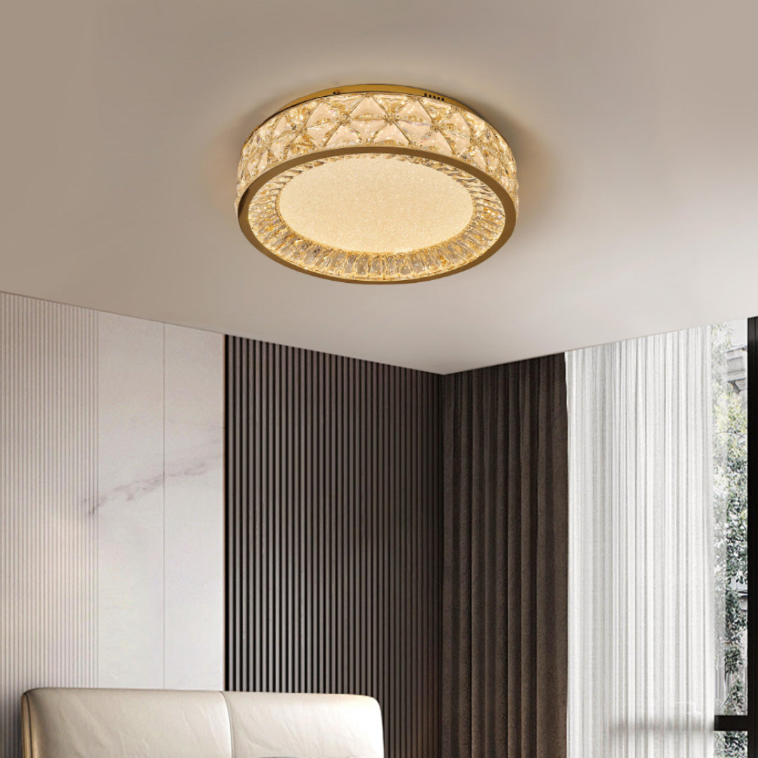 Round Crystal Border Flush Mount in Champagne Gold Carbon Steel with 3-Step Colour Temperature in Three Sizes