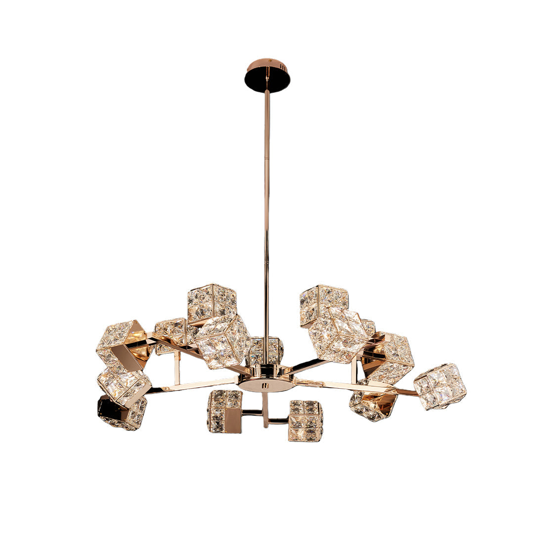 Crystal Chandelier Carbon Steel Champagne Gold Modern Cube Geometric LED Tri-Color Radial Arm Multi-Head