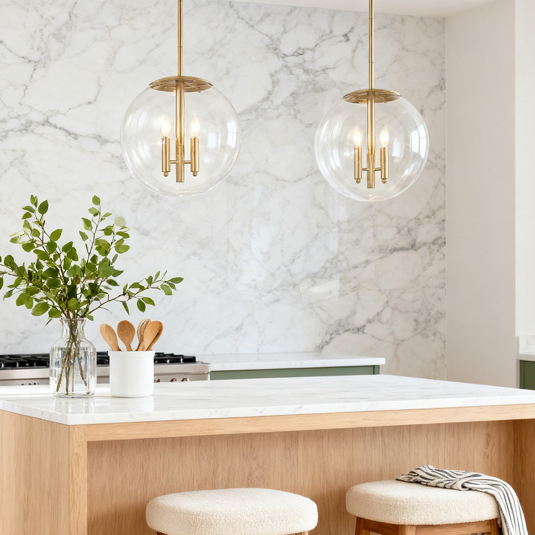Clear Globe Pendant Light Modern Transparent Glass Gold Brass E12 3-Light Kitchen Island Dining Room 17 Inch