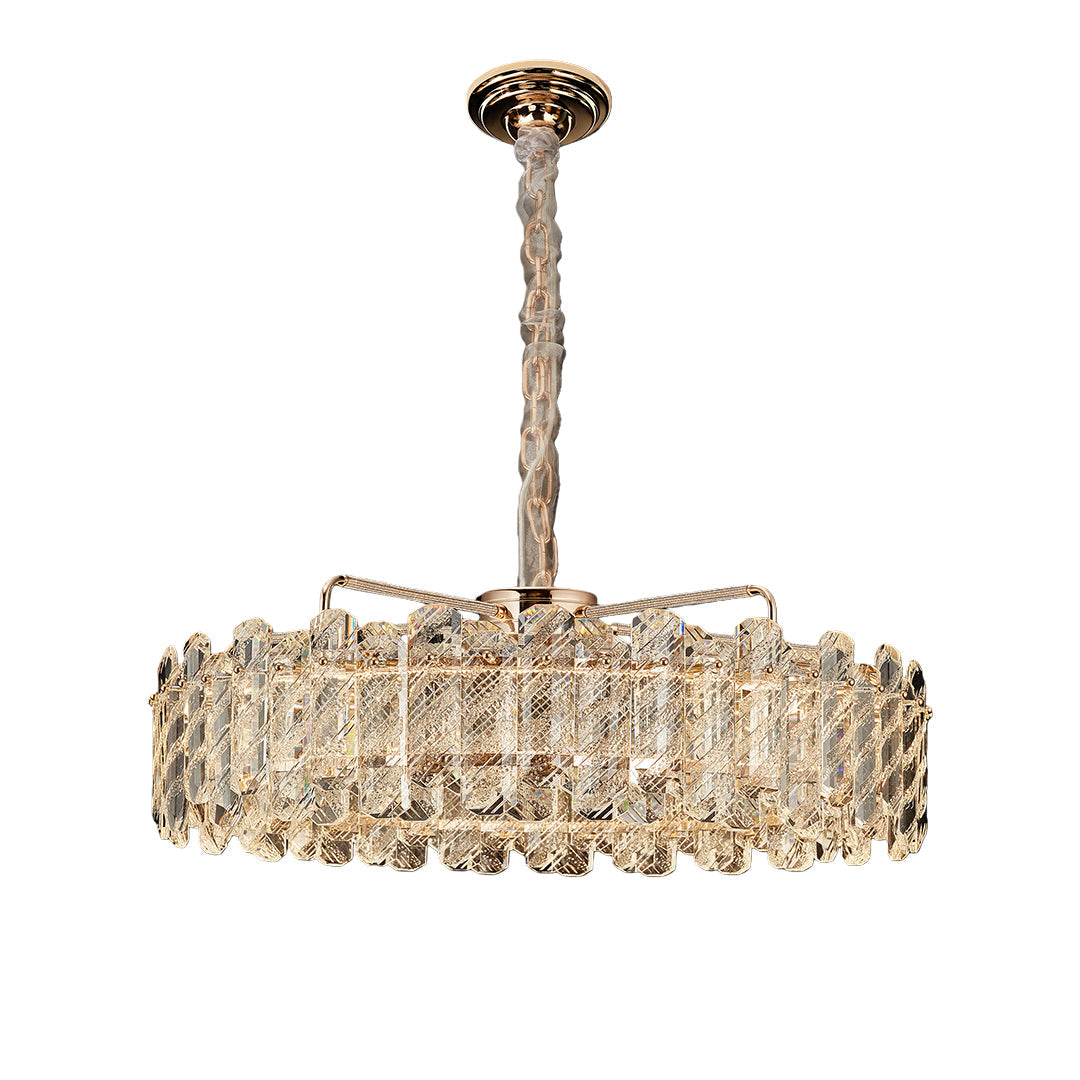 Nordic Chandelier Carbon Steel Champagne Gold Dual-Color LED Crystal Drum Single Double Layer Long Hanging Luxury