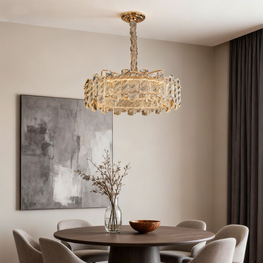 Nordic Chandelier Carbon Steel Champagne Gold Dual-Color LED Crystal Drum Single Double Layer Long Hanging Luxury