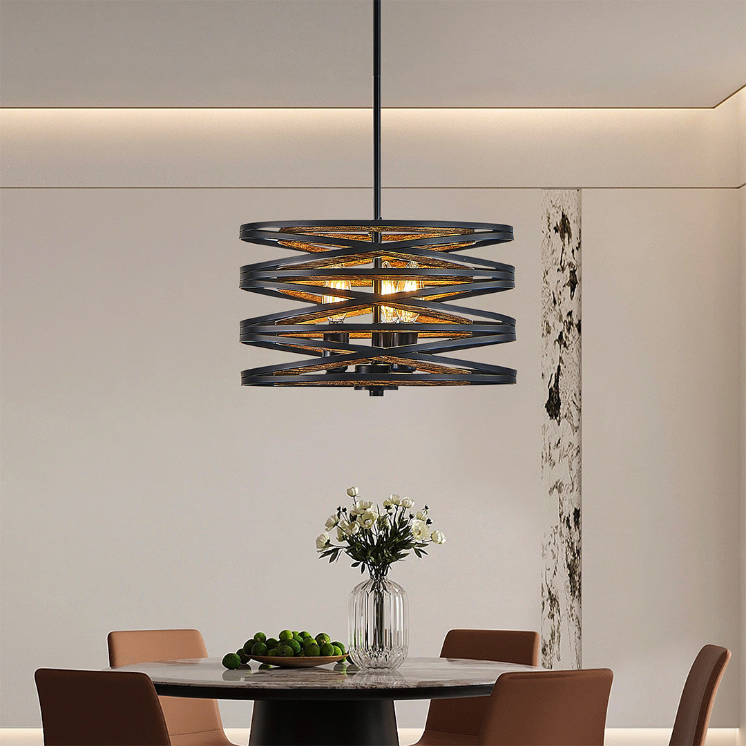 Black Drum Pendant Light Stacked Iron Rings Walnut Accent E12 American Retro 3 Sizes Dining Bar