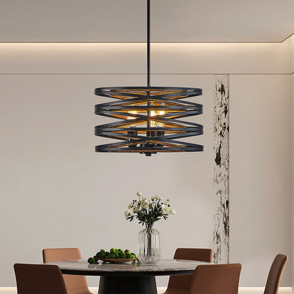 Black Drum Pendant Light Stacked Iron Rings Walnut Accent E12 American Retro 3 Sizes Dining Bar