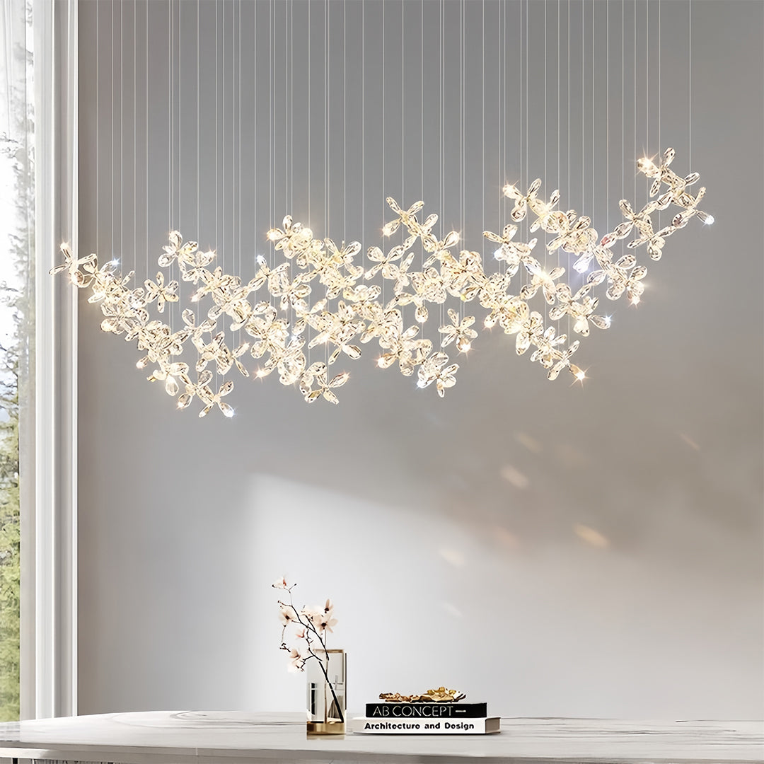 Crystal Chandelier Stainless Steel Chrome Diamond-Cut Crystal Flower Linear Island Italian Modern Luxury LED Tri-Color