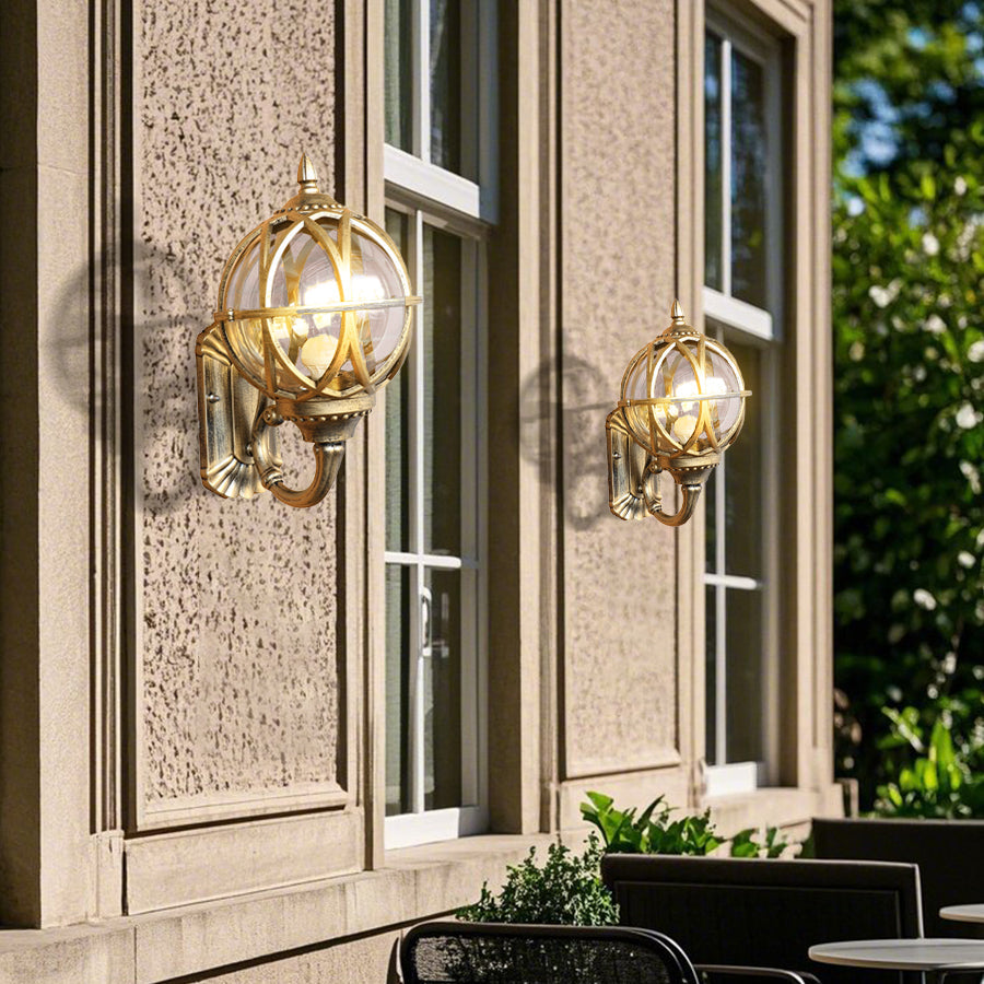 European Globe Outdoor Wall Sconce Cast Aluminum Amber Glass IP55 E27 Black Bronze 3 Sizes