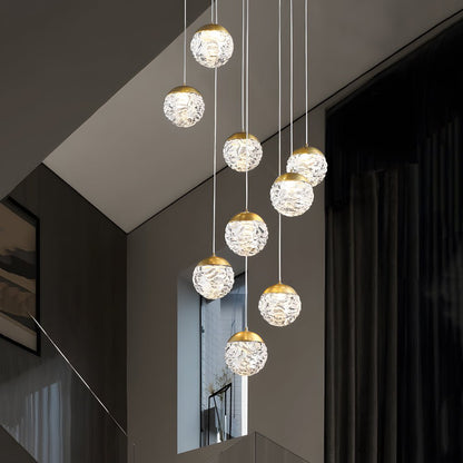 Staircase Chandelier Copper Gold Pineapple-Texture Glass Globe Integrated LED Modern 3-Step Colour Temperature Five Configurations 6-Light to 18-Light