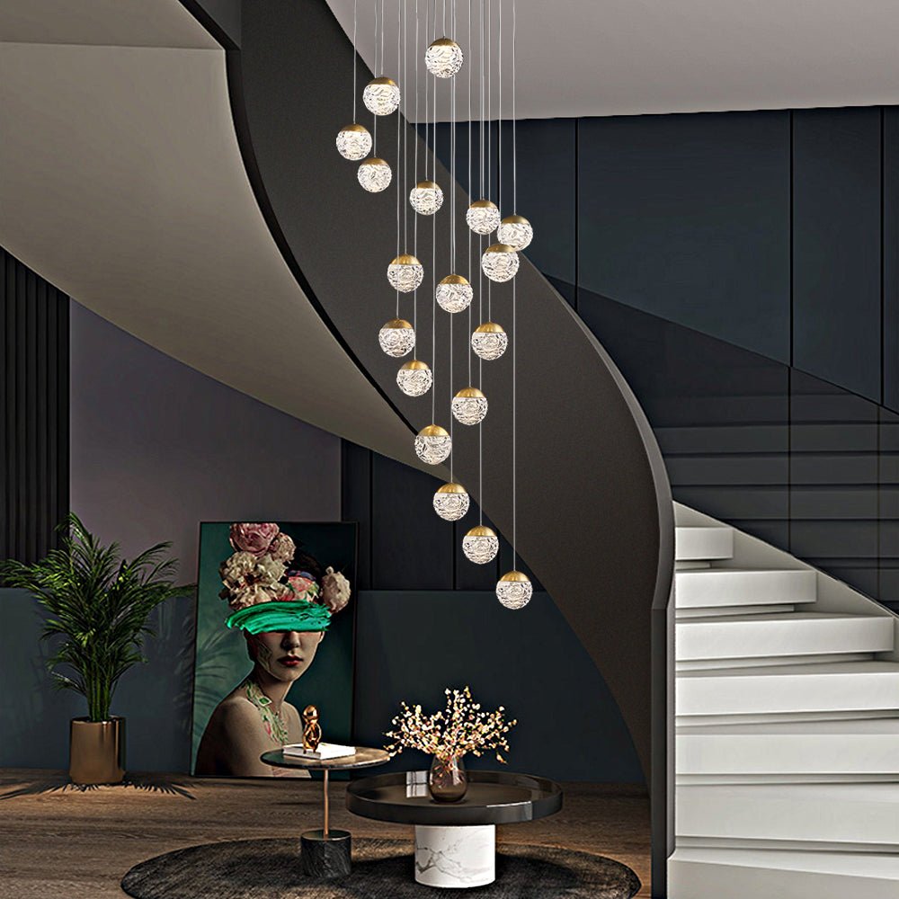 Staircase Chandelier Copper Gold Pineapple-Texture Glass Globe Integrated LED Modern 3-Step Colour Temperature Five Configurations 6-Light to 18-Light