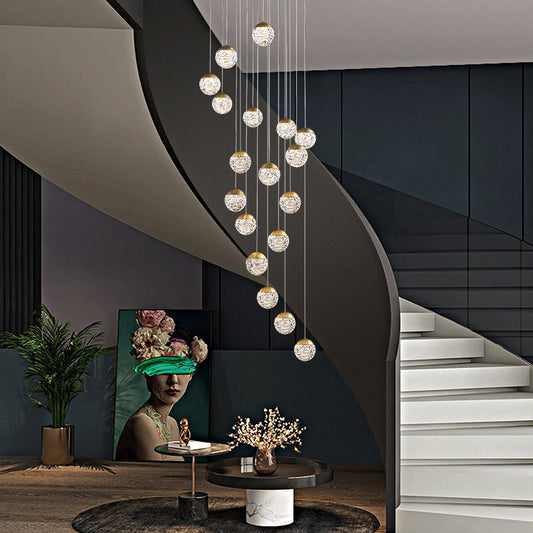 Staircase Chandelier Copper Gold Pineapple-Texture Glass Globe Integrated LED Modern 3-Step Colour Temperature Five Configurations 6-Light to 18-Light