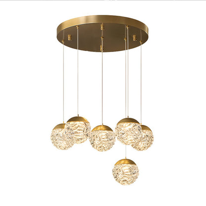 Staircase Chandelier Copper Gold Pineapple-Texture Glass Globe Integrated LED Modern 3-Step Colour Temperature Five Configurations 6-Light to 18-Light