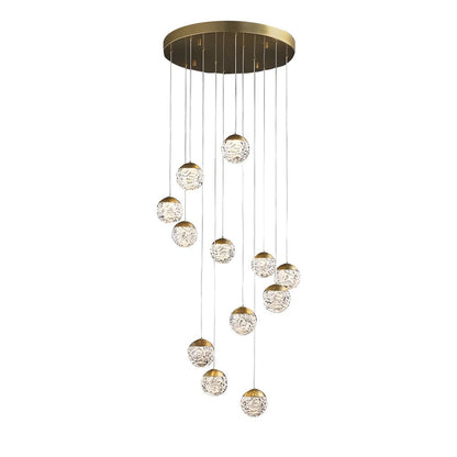 Staircase Chandelier Copper Gold Pineapple-Texture Glass Globe Integrated LED Modern 3-Step Colour Temperature Five Configurations 6-Light to 18-Light