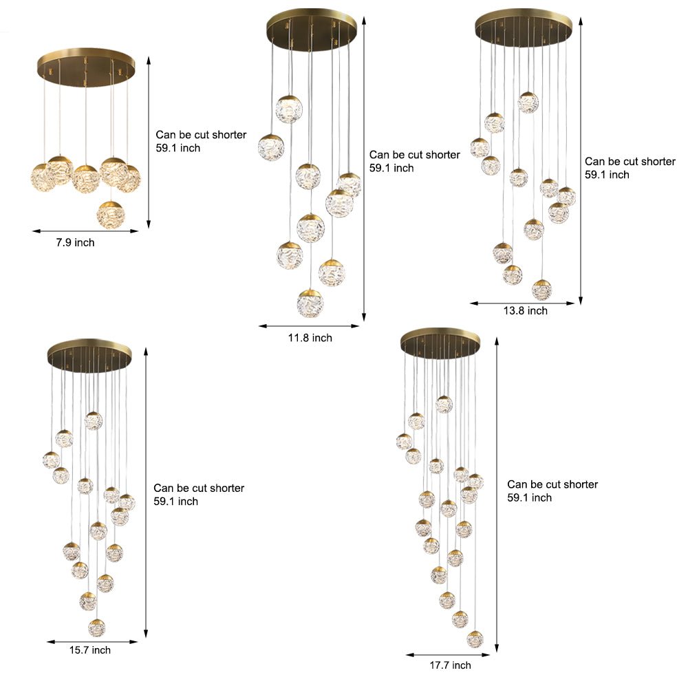 Staircase Chandelier Copper Gold Pineapple-Texture Glass Globe Integrated LED Modern 3-Step Colour Temperature Five Configurations 6-Light to 18-Light