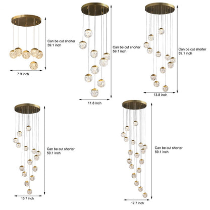 Staircase Chandelier Copper Gold Pineapple-Texture Glass Globe Integrated LED Modern 3-Step Colour Temperature Five Configurations 6-Light to 18-Light