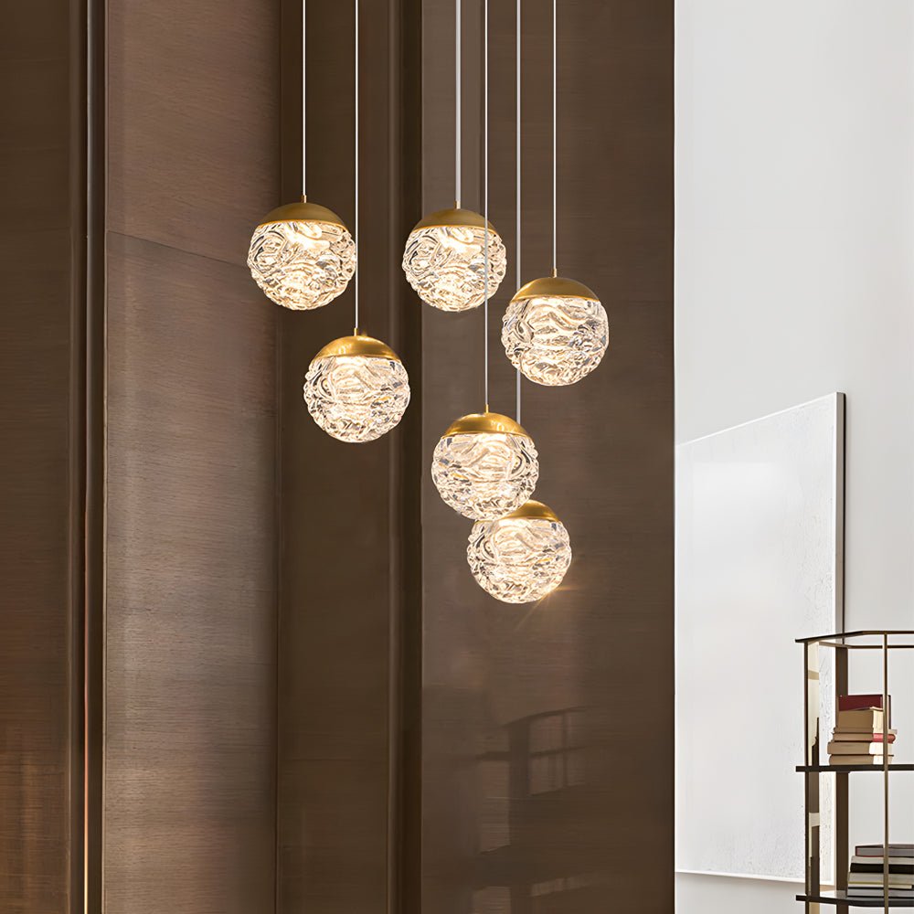 Staircase Chandelier Copper Gold Pineapple-Texture Glass Globe Integrated LED Modern 3-Step Colour Temperature Five Configurations 6-Light to 18-Light