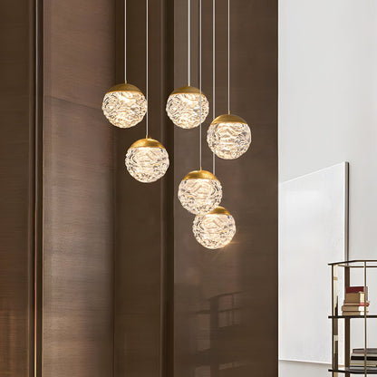 Staircase Chandelier Copper Gold Pineapple-Texture Glass Globe Integrated LED Modern 3-Step Colour Temperature Five Configurations 6-Light to 18-Light