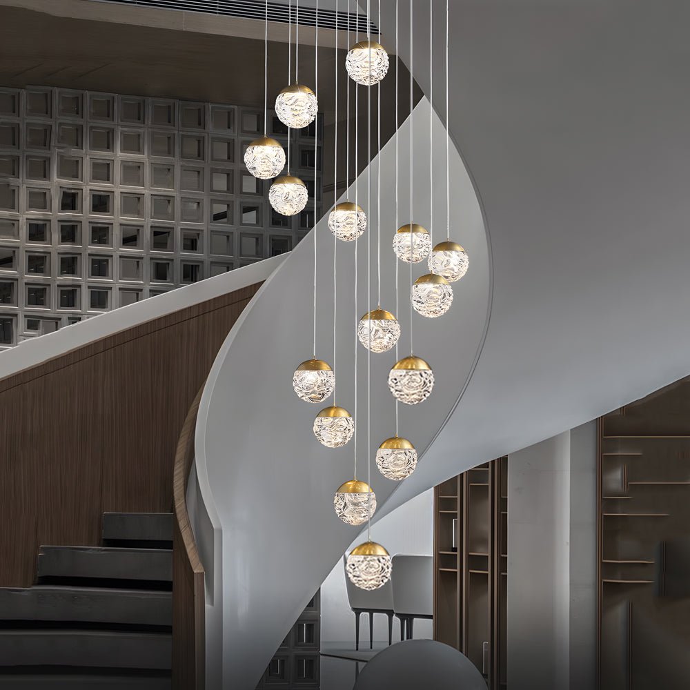 Staircase Chandelier Copper Gold Pineapple-Texture Glass Globe Integrated LED Modern 3-Step Colour Temperature Five Configurations 6-Light to 18-Light
