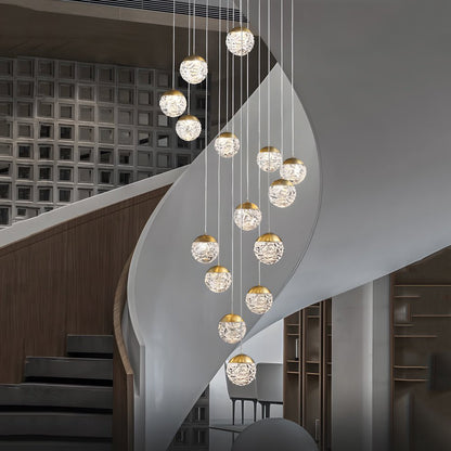 Staircase Chandelier Copper Gold Pineapple-Texture Glass Globe Integrated LED Modern 3-Step Colour Temperature Five Configurations 6-Light to 18-Light