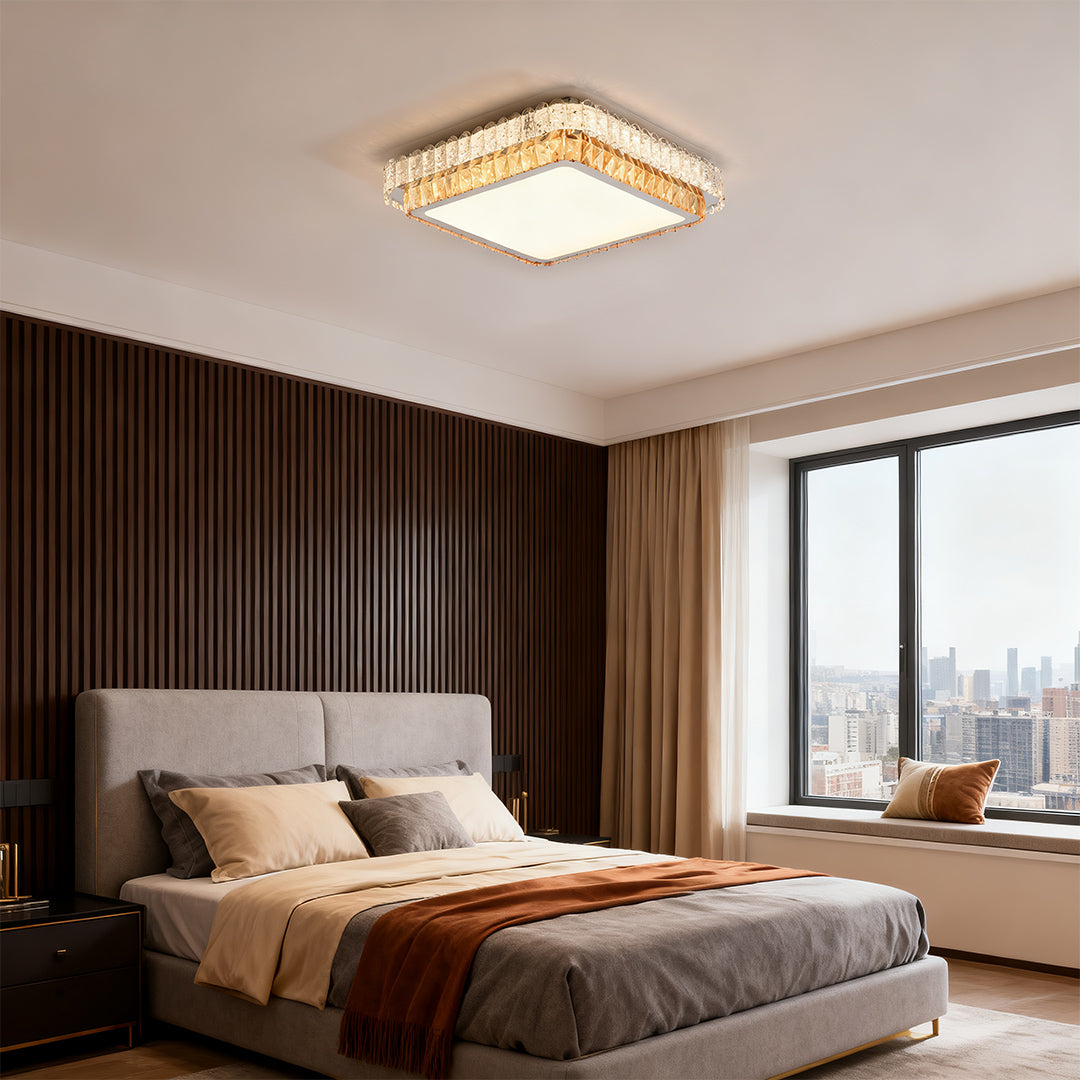 Round, Square, and Rectangle Crystal Trim Flush Mount in Chrome Stainless Steel with 3-Step Colour Temperature in Six Sizes