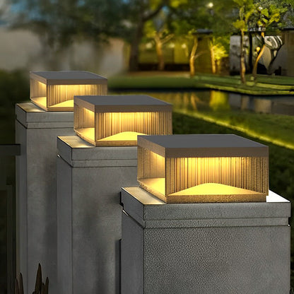 Modern Stripe Stainless Steel Tempered Glass Outdoor Pillar Light Black Solar or Hardwired IP65 10 Hour 5 Sizes