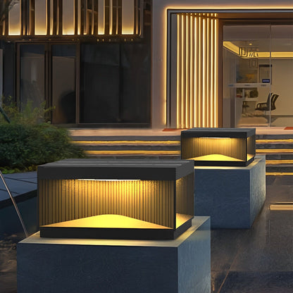 Modern Stripe Stainless Steel Tempered Glass Outdoor Pillar Light Black Solar or Hardwired IP65 10 Hour 5 Sizes