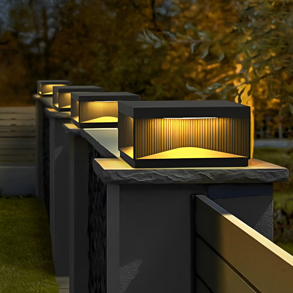Modern Stripe Stainless Steel Tempered Glass Outdoor Pillar Light Black Solar or Hardwired IP65 10 Hour 5 Sizes