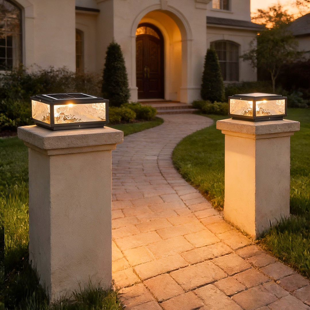 Square Ribbed Glass Outdoor Pillar Light Black Die-Cast Aluminum Solar or Hardwired 4 Sizes Pier Mount