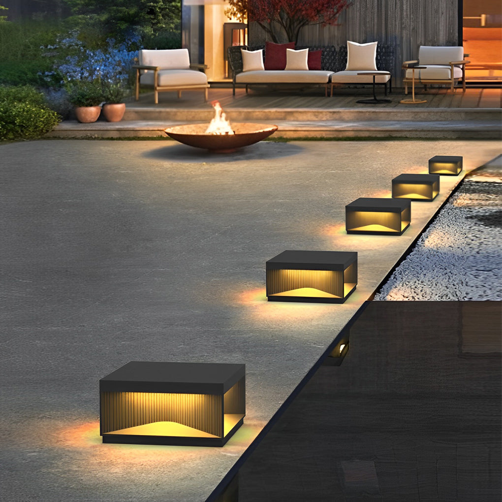 Modern Stripe Stainless Steel Tempered Glass Outdoor Pillar Light Black Solar or Hardwired IP65 10 Hour 5 Sizes