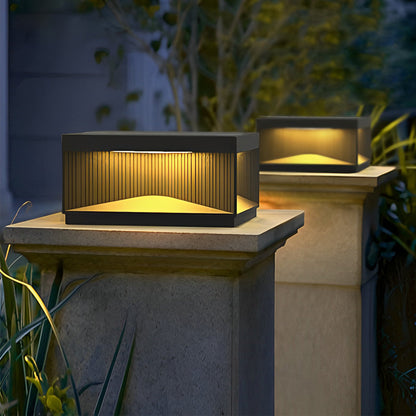 Modern Stripe Stainless Steel Tempered Glass Outdoor Pillar Light Black Solar or Hardwired IP65 10 Hour 5 Sizes