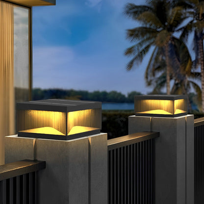Modern Stripe Stainless Steel Tempered Glass Outdoor Pillar Light Black Solar or Hardwired IP65 10 Hour 5 Sizes