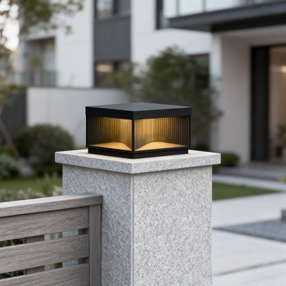 Modern Stripe Stainless Steel Tempered Glass Outdoor Pillar Light Black Solar or Hardwired IP65 10 Hour 5 Sizes