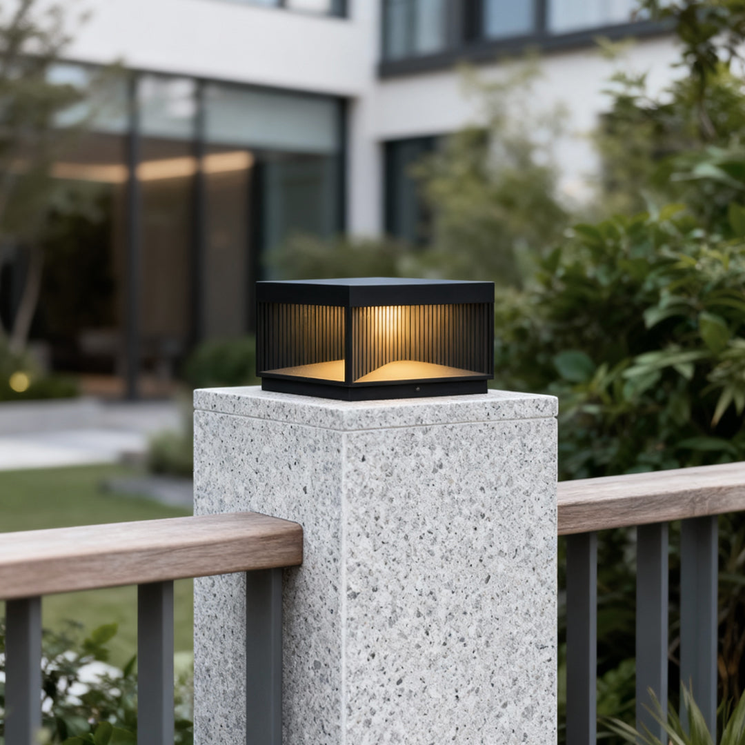Modern Stripe Stainless Steel Tempered Glass Outdoor Pillar Light Black Solar or Hardwired IP65 10 Hour 5 Sizes