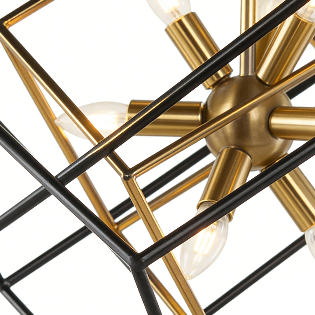 Square Geometric Pendant Light Industrial Black Gold Dual-Color Iron Frame E12 4-Light Dining Room Entryway 26 Inch