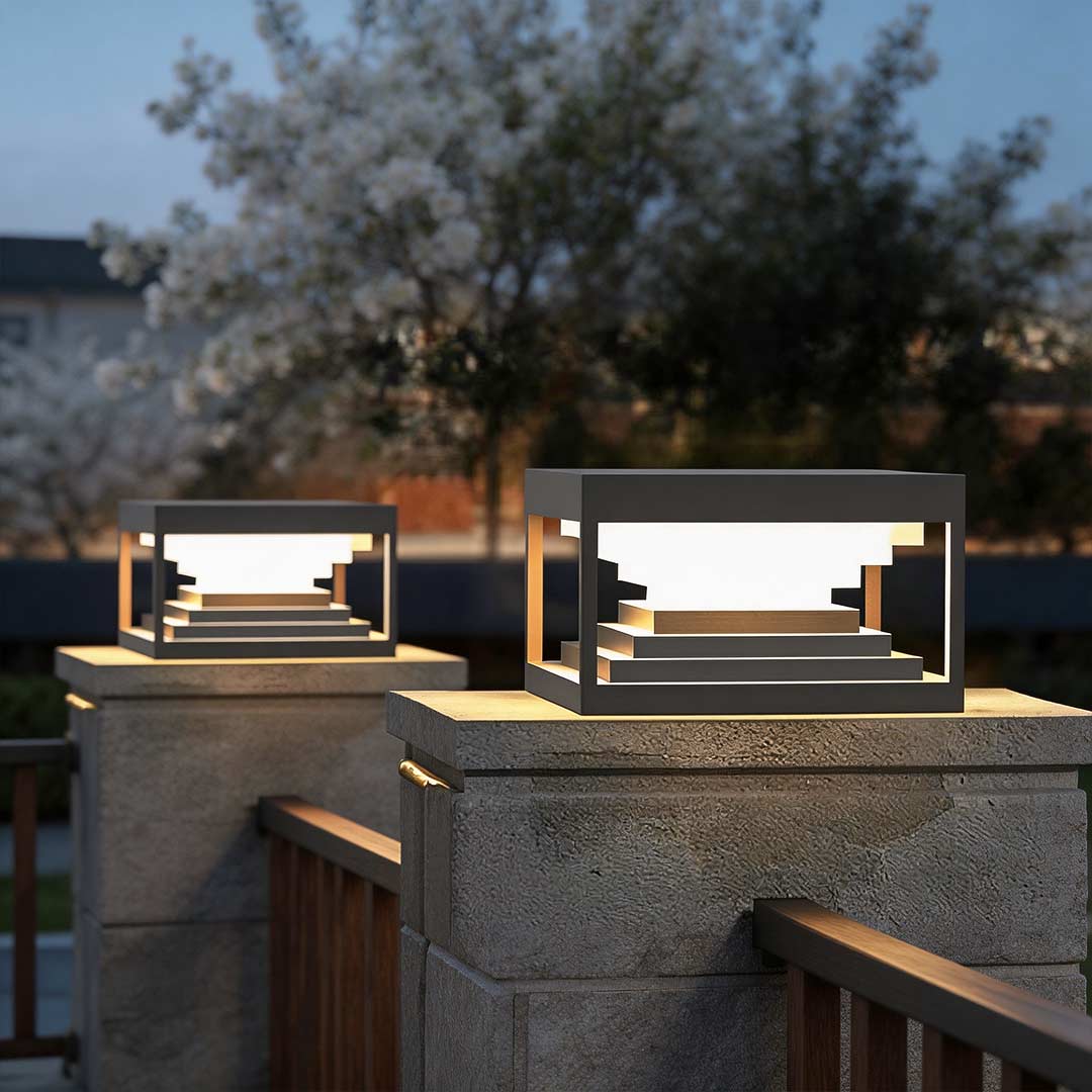 Modern Stepped Stainless Steel Outdoor Pillar Light Black Solar or Hardwired IP65 360 Degree 3 Sizes Garden Gate