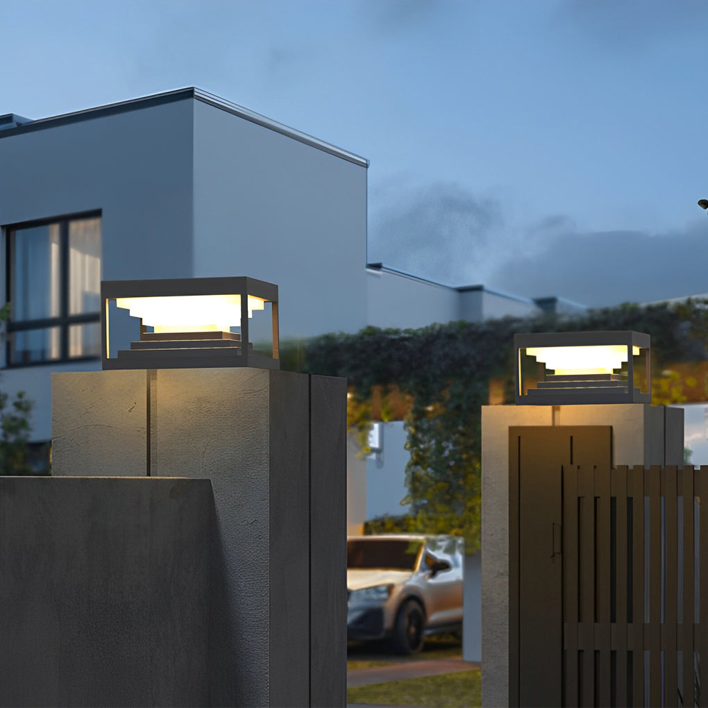 Modern Stepped Stainless Steel Outdoor Pillar Light Black Solar or Hardwired IP65 360 Degree 3 Sizes Garden Gate