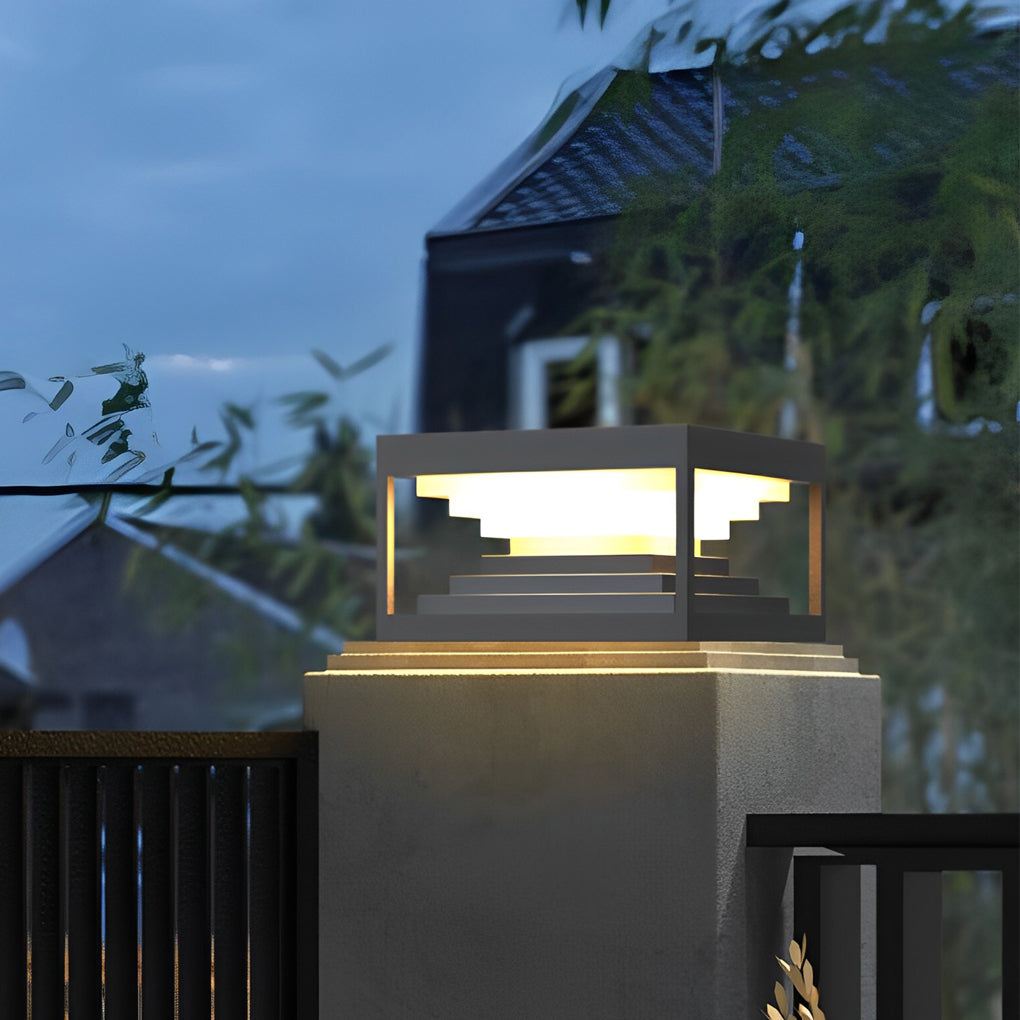 Modern Stepped Stainless Steel Outdoor Pillar Light Black Solar or Hardwired IP65 360 Degree 3 Sizes Garden Gate