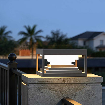 Modern Stepped Stainless Steel Outdoor Pillar Light Black Solar or Hardwired IP65 360 Degree 3 Sizes Garden Gate