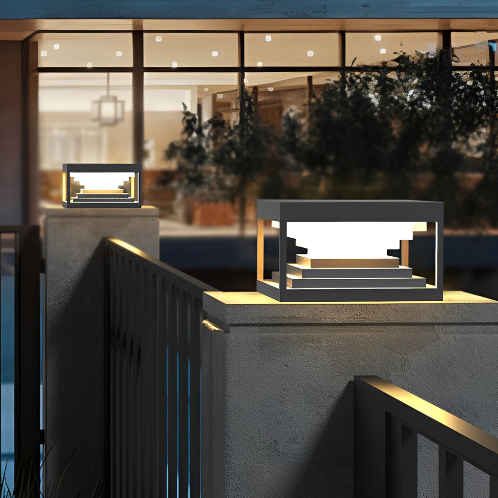 Modern Stepped Stainless Steel Outdoor Pillar Light Black Solar or Hardwired IP65 360 Degree 3 Sizes Garden Gate