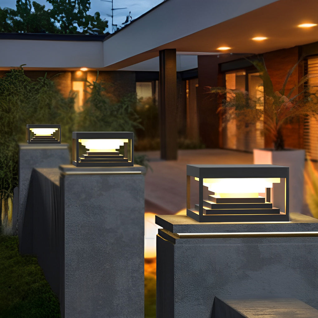 Modern Stepped Stainless Steel Outdoor Pillar Light Black Solar or Hardwired IP65 360 Degree 3 Sizes Garden Gate