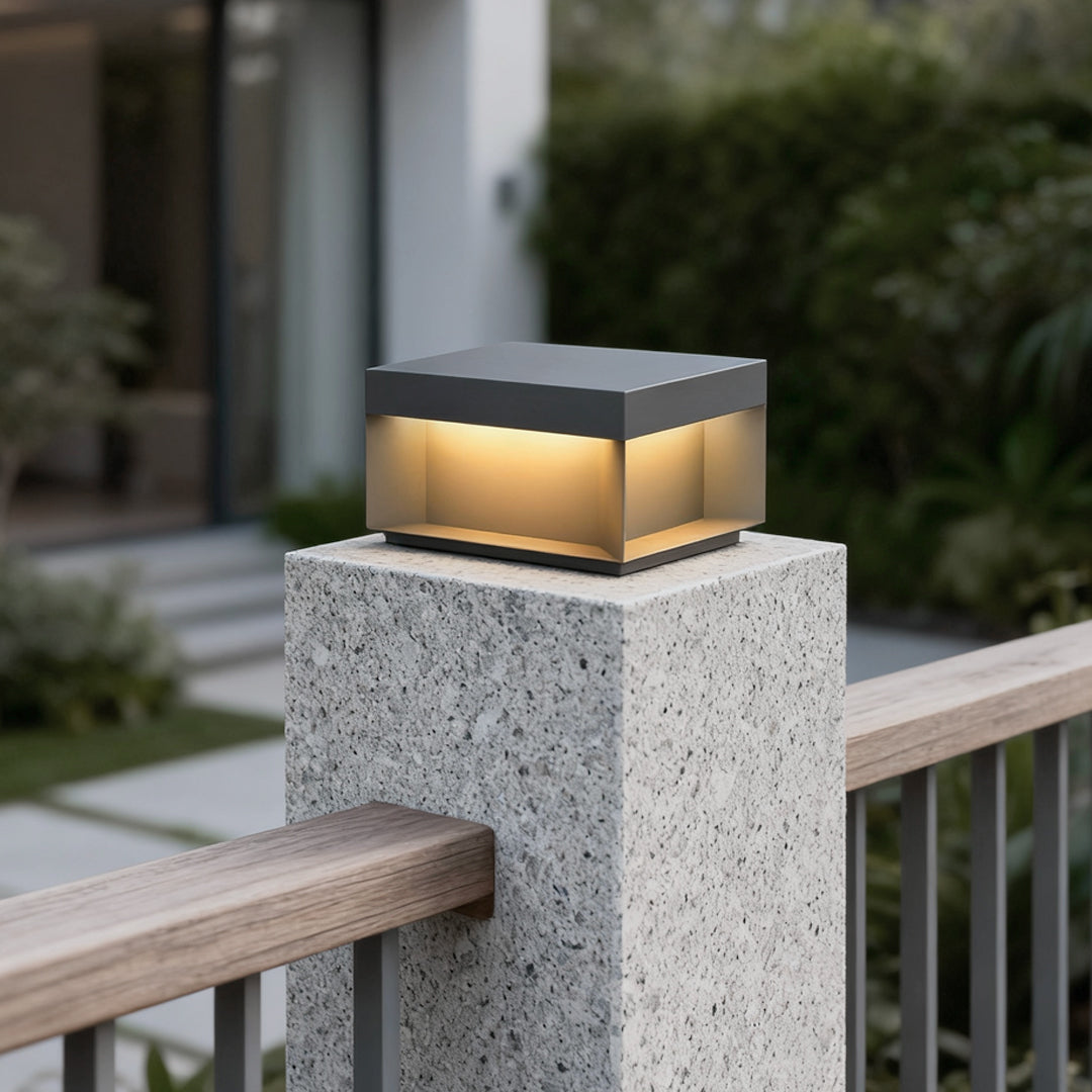 Industrial Square Stainless Steel Tempered Glass Outdoor Pillar Light Black IP65 Solar or Hardwired 5 Sizes Deck Post