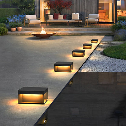 Industrial Square Stainless Steel Tempered Glass Outdoor Pillar Light Black IP65 Solar or Hardwired 5 Sizes Deck Post