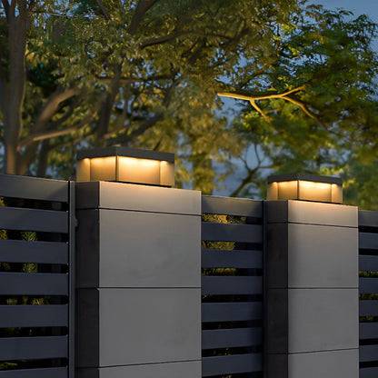Industrial Square Stainless Steel Tempered Glass Outdoor Pillar Light Black IP65 Solar or Hardwired 5 Sizes Deck Post