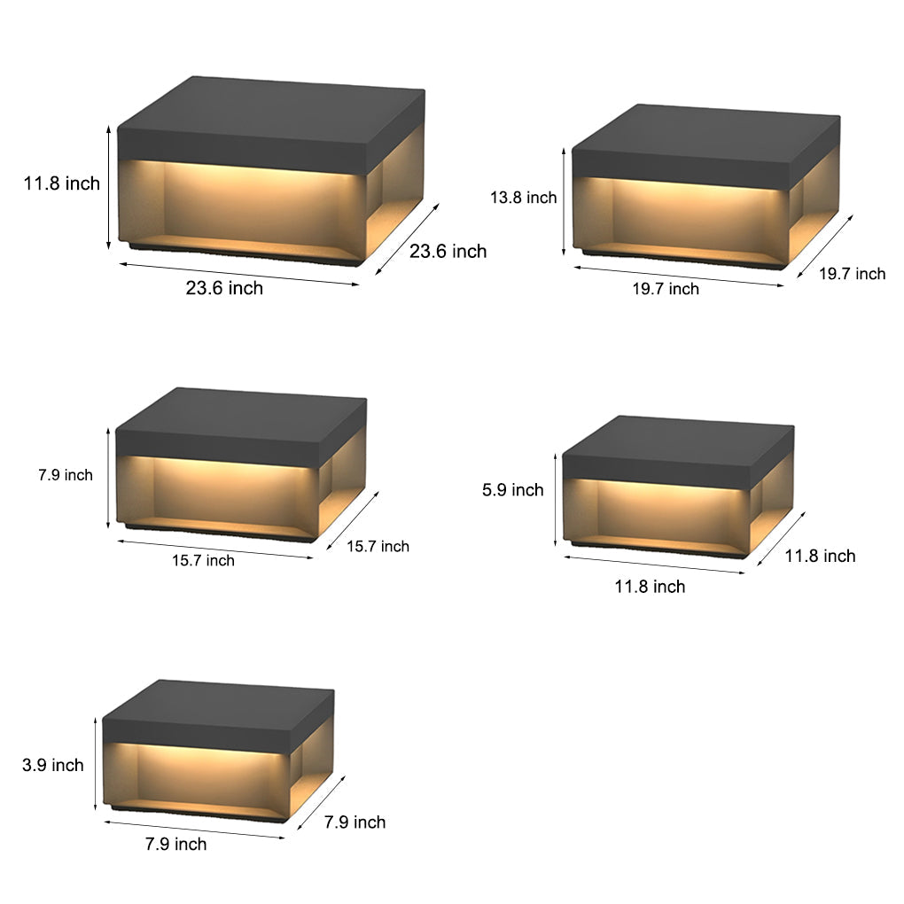 Industrial Square Stainless Steel Tempered Glass Outdoor Pillar Light Black IP65 Solar or Hardwired 5 Sizes Deck Post