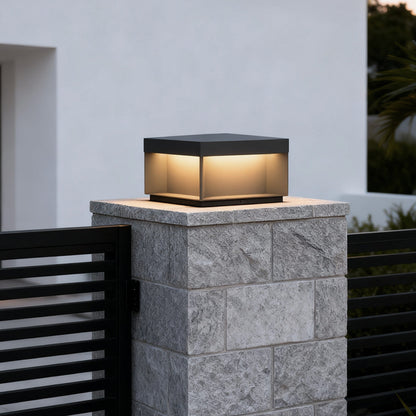 Industrial Square Stainless Steel Tempered Glass Outdoor Pillar Light Black IP65 Solar or Hardwired 5 Sizes Deck Post