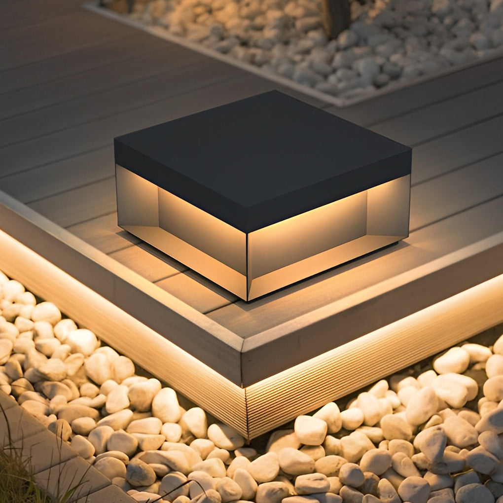 Industrial Square Stainless Steel Tempered Glass Outdoor Pillar Light Black IP65 Solar or Hardwired 5 Sizes Deck Post