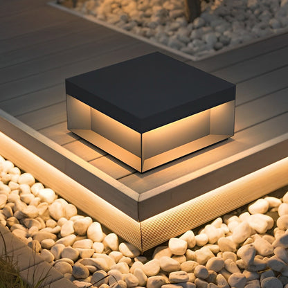 Industrial Square Stainless Steel Tempered Glass Outdoor Pillar Light Black IP65 Solar or Hardwired 5 Sizes Deck Post