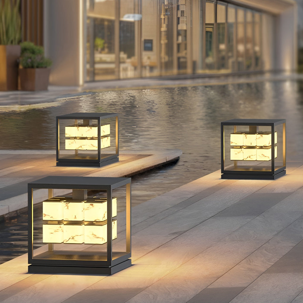Modern Brick Square Stainless Steel PC Outdoor Pillar Light Black Single or Double Layer Solar or Hardwired IP65 Villa Gate