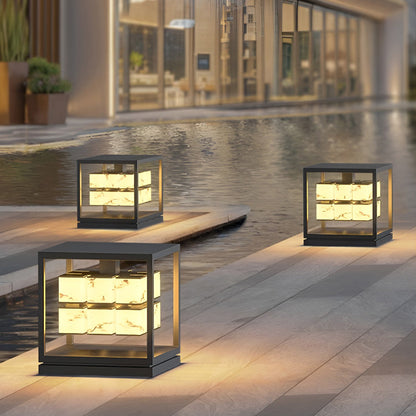 Modern Brick Square Stainless Steel PC Outdoor Pillar Light Black Single or Double Layer Solar or Hardwired IP65 Villa Gate