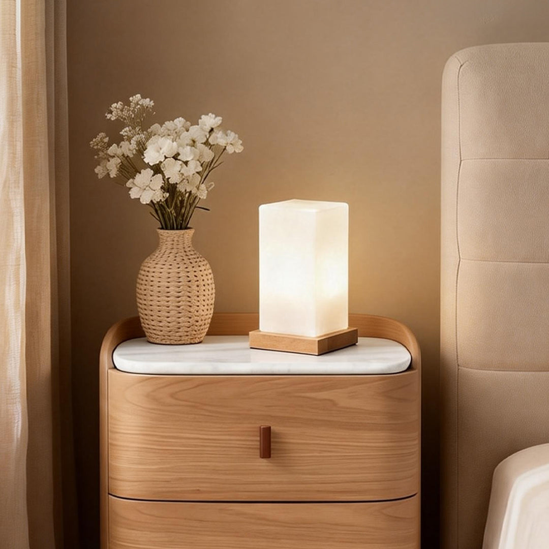 Nordic Cube Wood Frosted Glass Table Lamp Touch Remote Three Colour Temps G9 USB
