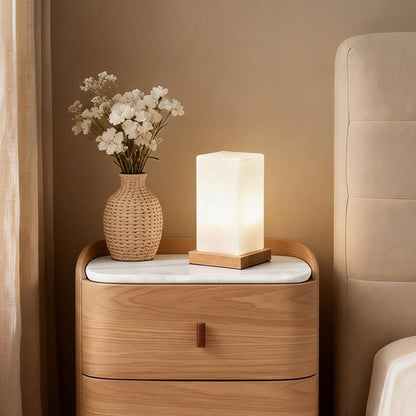 Nordic Cube Wood Frosted Glass Table Lamp Touch Remote Three Colour Temps G9 USB