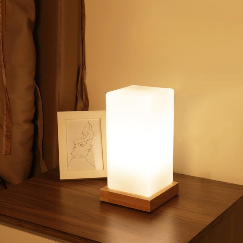 Nordic Cube Wood Frosted Glass Table Lamp Touch Remote Three Colour Temps G9 USB